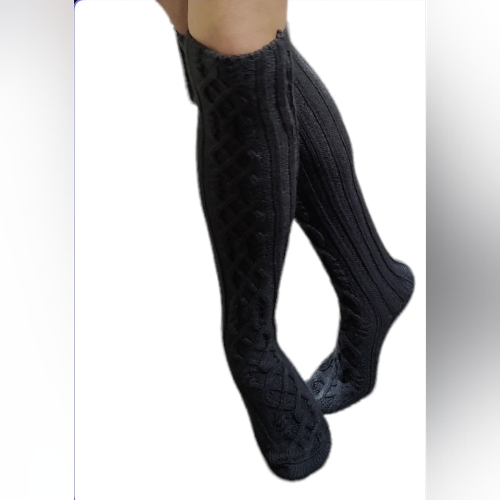 Cable knit knee high socks leg warmers grey-blue, new in packaging